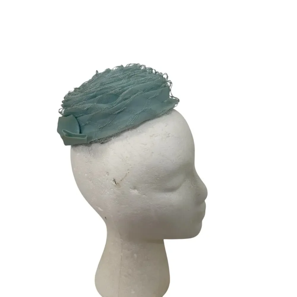 Vintage Robin’s Egg Blue Tulle Rose Pillbox Hat Cottagecore Fascinator - Picture 5 of 7